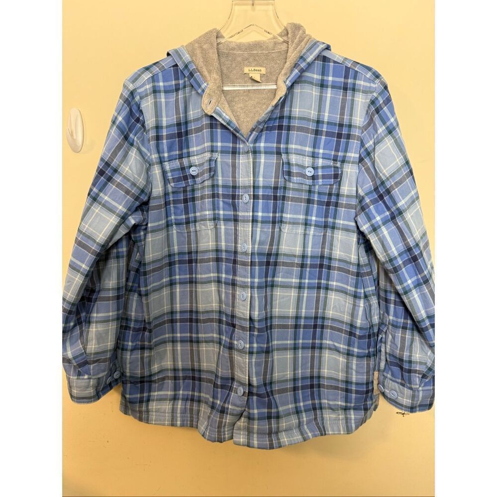 L.L. Bean Women's Fleece-Lined Flannel Shacket Hoodie, Plaid Blue Large Petite 2